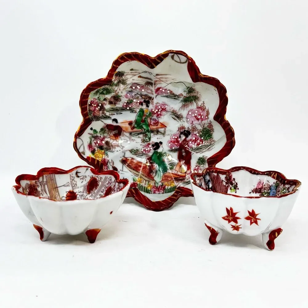 Japanese Kutani Geisha Porcelain Bowls Scalloped Hand Painted Set of 3 Vintage